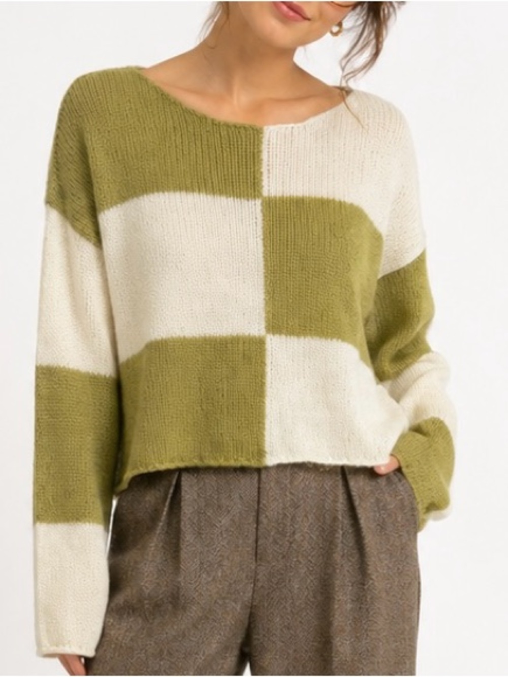 Miss Sparkling Olive Green Cream Checkered Sweater XL Oversized Cottagecore